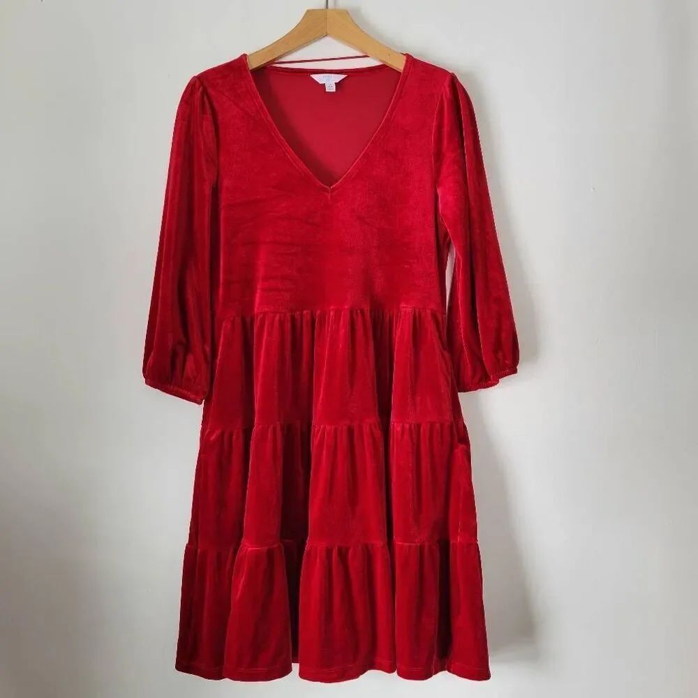 Red Velvet Tiered Mini Dress V-Neck Bold 3/4 Sleeves S